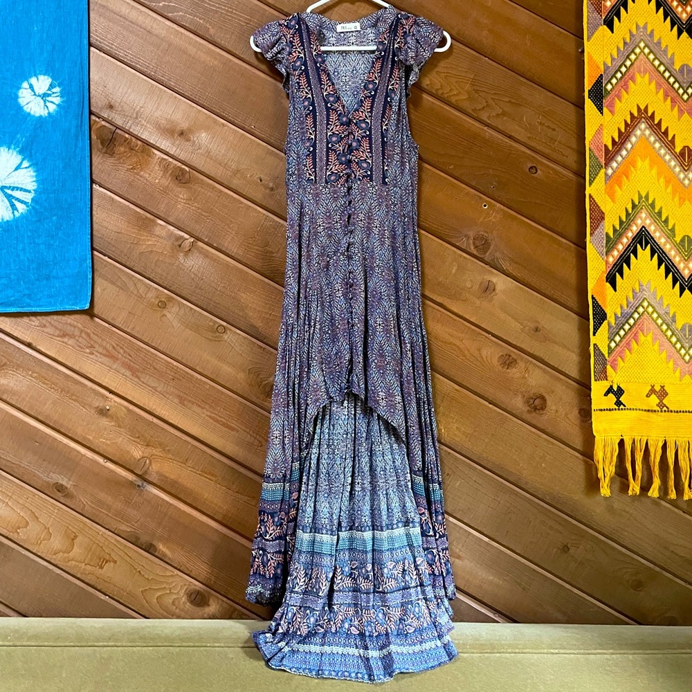 Indian Print Button Front High Low Dress